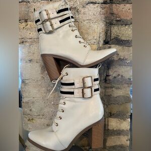 JustFab Cream Lace Up Boots with Buckle